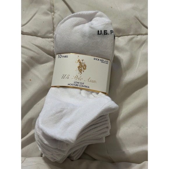 US Polo Assn 10 Pairs White Low Cut Moisture Control Socks Shoe Size 4-10 - Picture 1 of 4